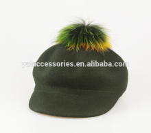 Ladies black color 100% wool felt hats, felt cap hats, cap hat with real fur ball decoration