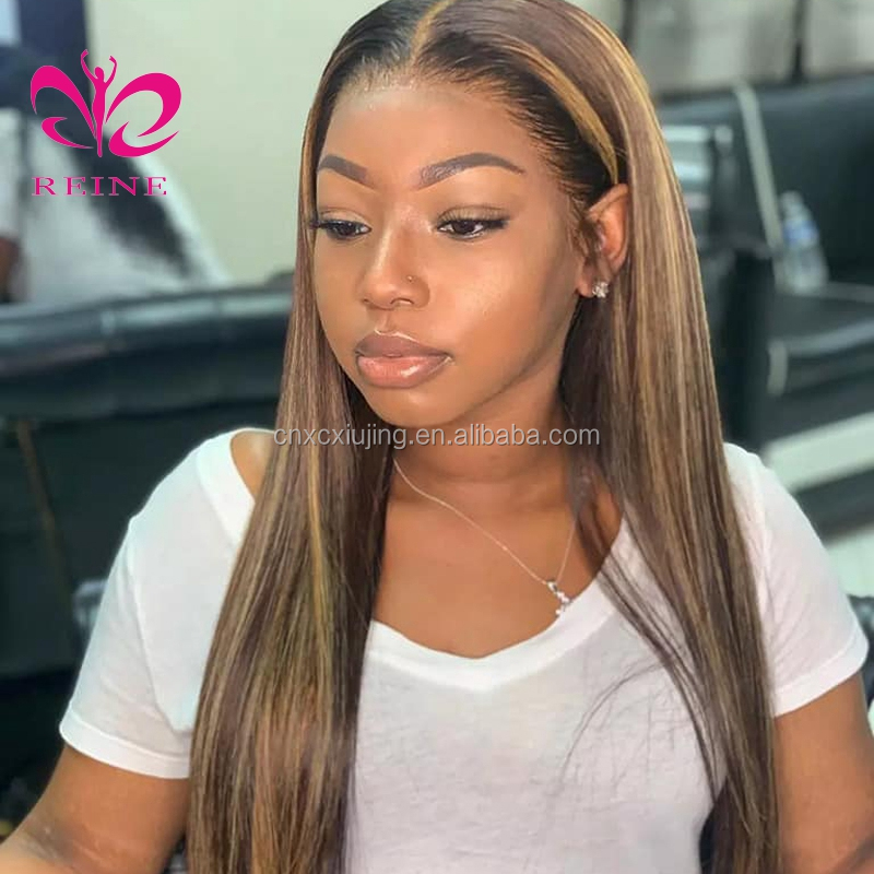 REINE  4/27 1B/27 Highlight Wig 4*4 Straight Lace Closure  Human Hair Wig Pre Plucked Ombre Piano Color