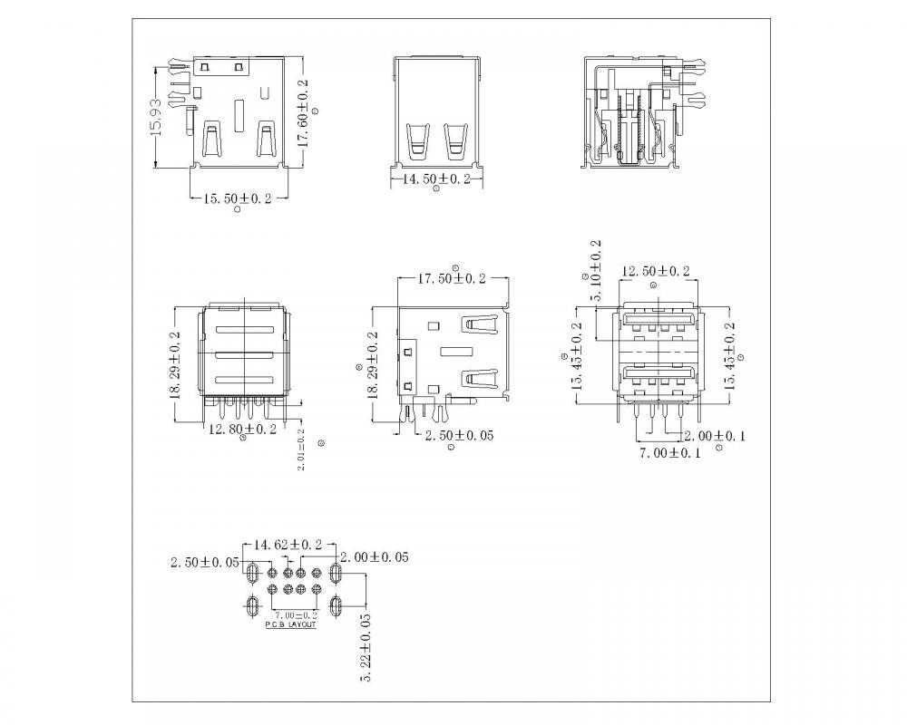 USB2.0 Receptacle double stacked angle with straight fork