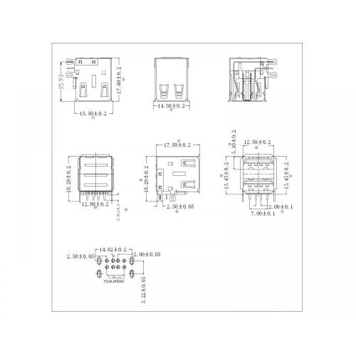 Receptáculo USB2.0 ángulo apilado doble con horquilla recta