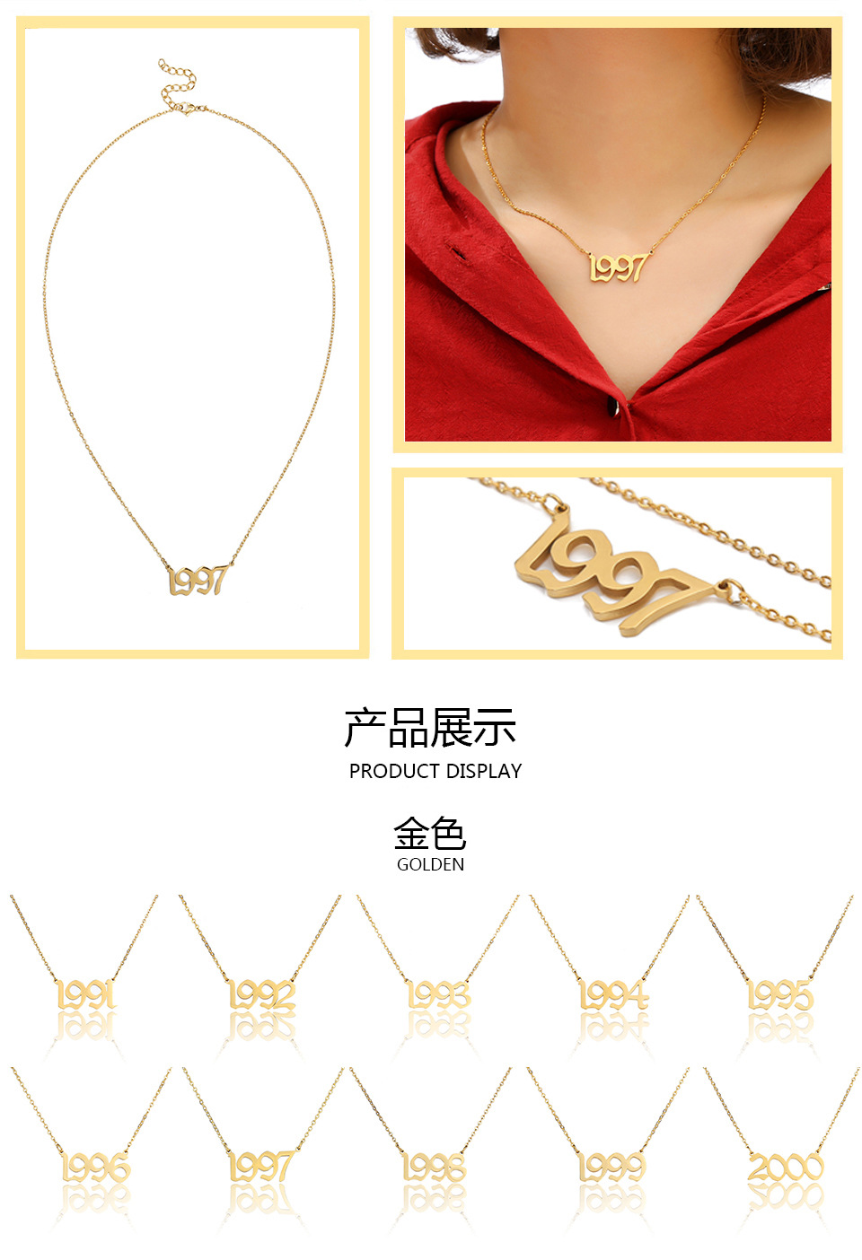 stainless steel gold/silver year necklace for birth 1991-2000 year souvenir gift girlfriend gift wholesale