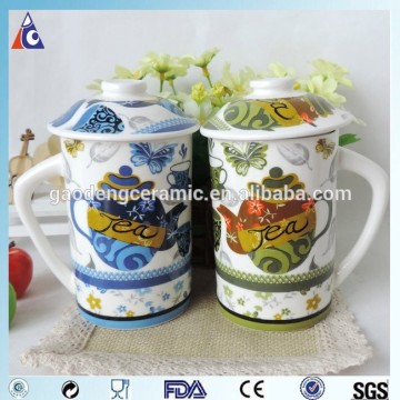 Straight body ceramic tea cup set with lid