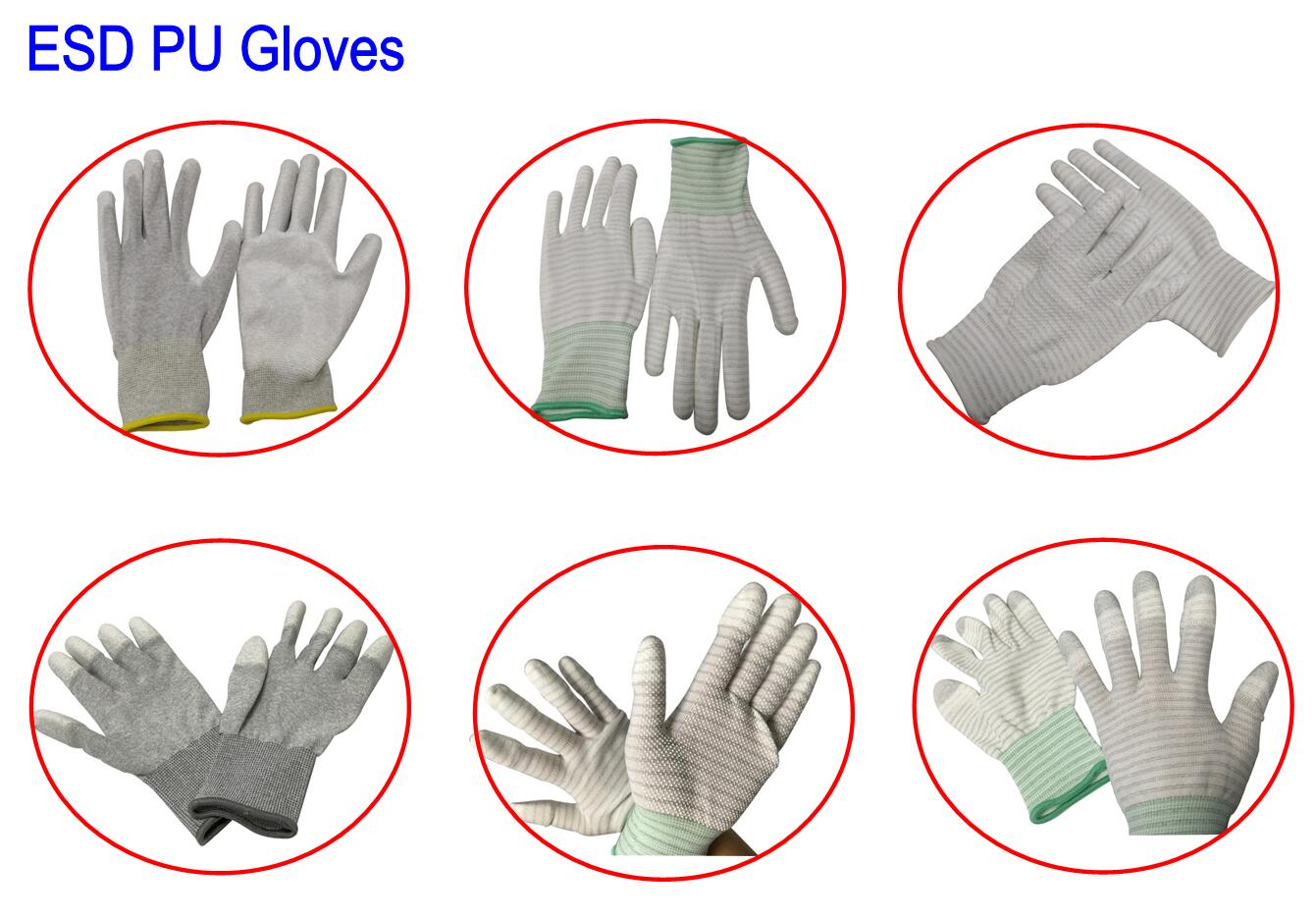 XS/S/M/L/XL/XXL Size Polyester Liner PU Coated Cleanroom Antistatic ESD Work Gloves