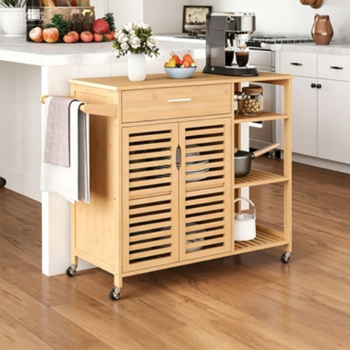 Multi-Tier Bamboo Food Cart with Doors and Drawers