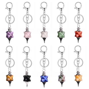 Natural Stone 18MM Merkaba Gemstone Pendulum Pendant Keychain Gemstone Merkaba Pendants Key Chain for Gifts