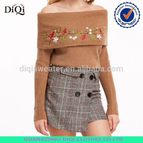 2017 off the shoulder fold over flower embroidered sweater for ladies