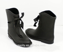 ladies low heels half knee rubber rain boots with lace