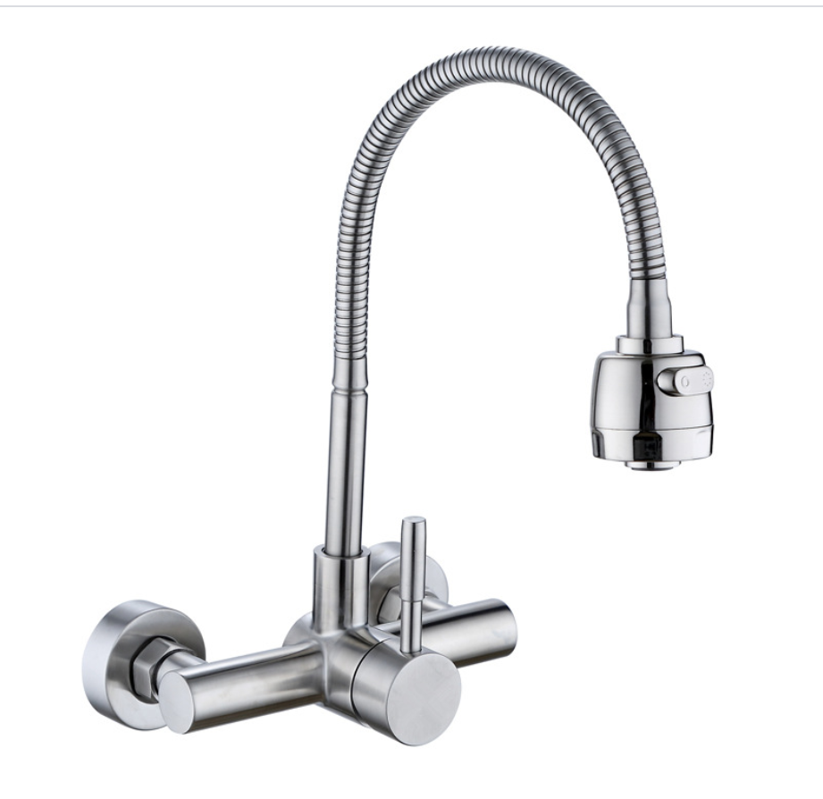 304 stainless steel wall mounted Dual hole 360 swivel flexible kitchen tap mixer nickel brushed sink faucet