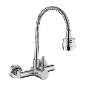 304 stainless steel wall mounted Dual hole 360 swivel flexible kitchen tap mixer nickel brushed sink faucet