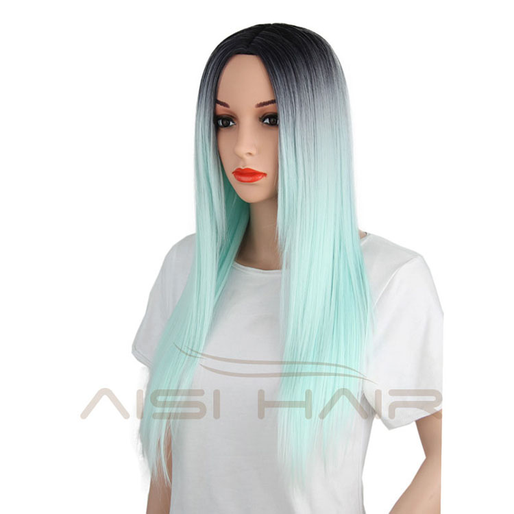 Aisi Hair Cosplay Long Straight Synthetic Wigs For Black Women Top Quality Ombre Green Color Wig Heat Resistant Fiber