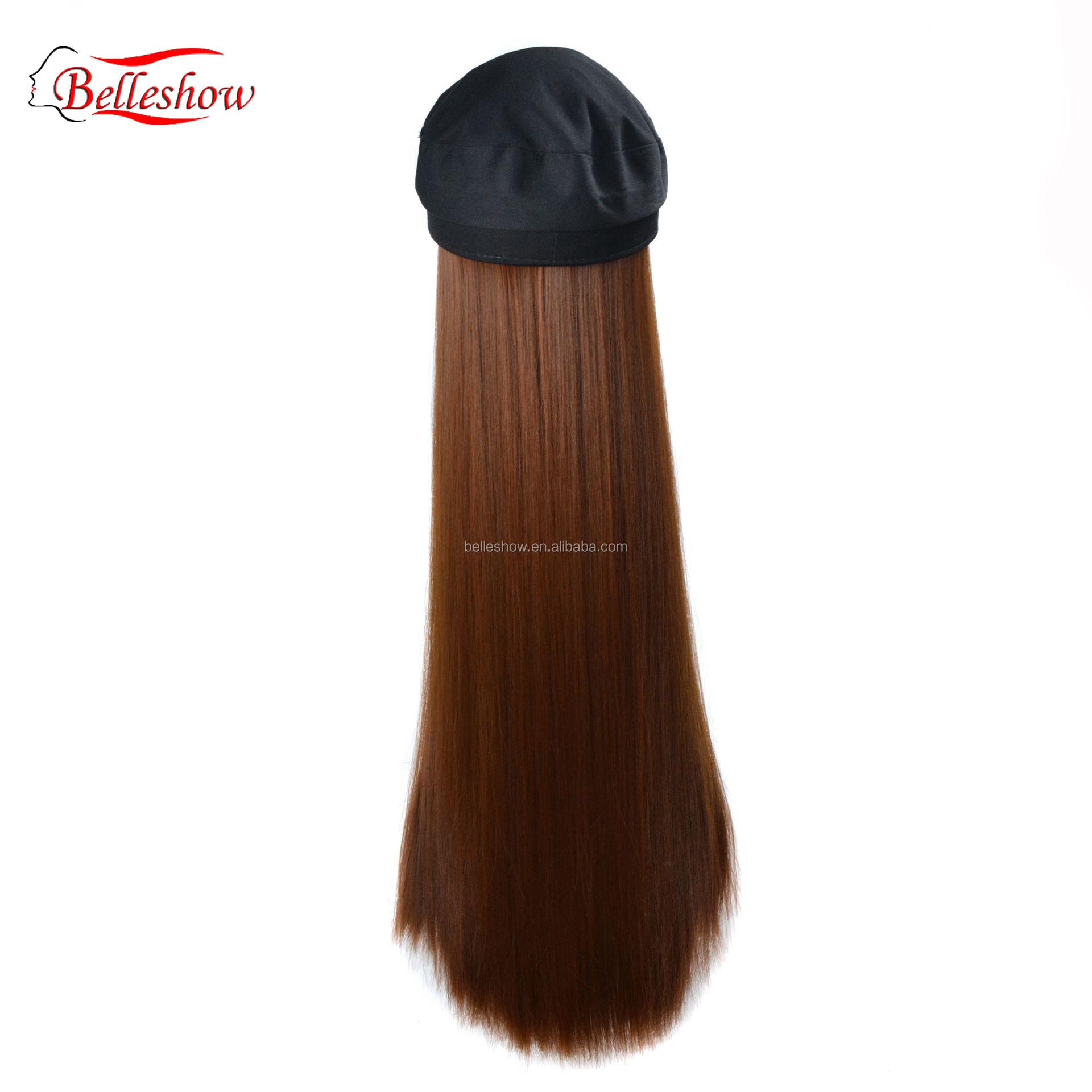 Hot sell Navy hat wig cap fashion girl black straight wig cap Long straight hair hat wig long straight hair