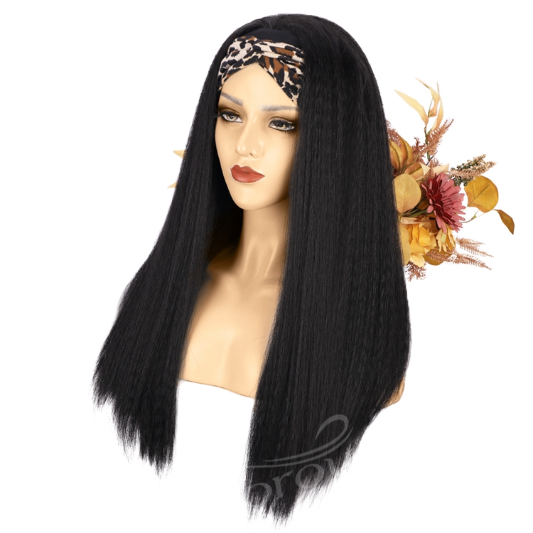 Long Yaki Glueless 2021 Best Quality Wholesale Synthetic Wigs Grip Adjustable Headband Attached For Women Black Wig None Lace