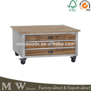 coffee table with wheels, vintage recycled wood coffee table with drawer, coffee table with drawer