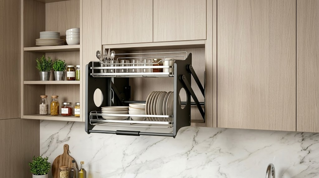 armário superior da cozinha rack de armazenamento suspenso kitchen upper cabinet drop down storage rack