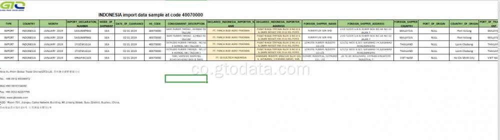 Indonesia Importazione Data di dati à u codice 40070000 gomma