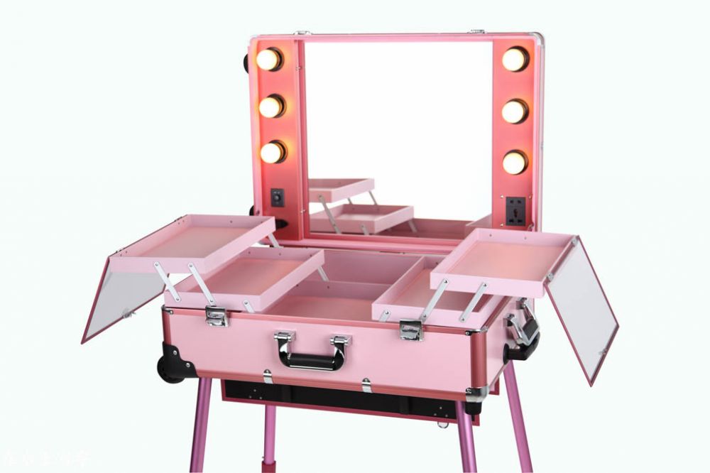 Professional Studio Makeup Rolling Case with Light Pink