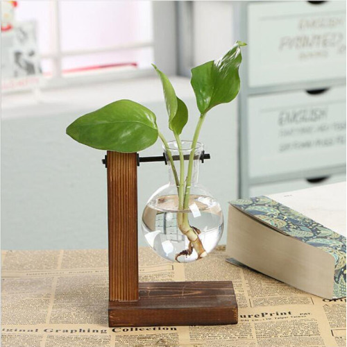 Retro Tabletop Hydroponics Flower Glass Vase Wood Holder