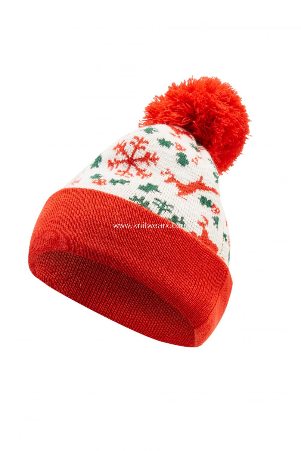 Girl's Boy's Knitted Jacquard Christmas Pompom Beanie Cap