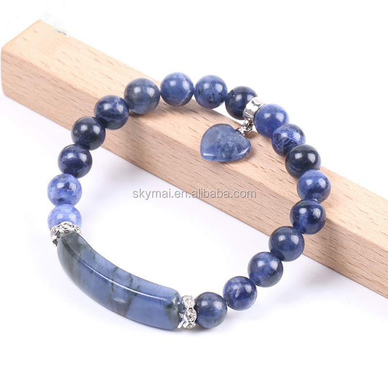 Handmade custom 8MM natural blue Lapis Semi-precious beads with Heart pendant for hot selling