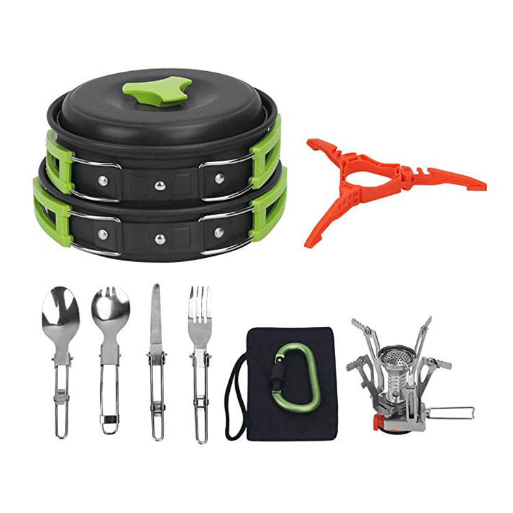 14 Piece Camping Cookware Pots and Pans Set Mess Kit Cooking Equipment Outdoors Cookset Hiking Bowl Fork Fire Starters Carabiner