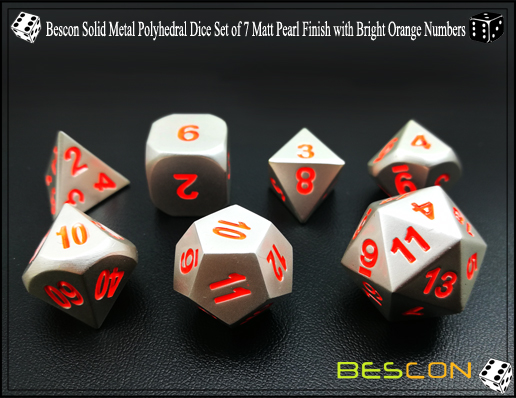 Bescon Solid Metal Polyhedral Dice Set of 7 Matt Pearl Finish with Bright Orange Numbers-5 Bescon Solid Metal Polyhedral Dice Set of 7 Matt Pearl Finish with Bright Orange Numbers-5