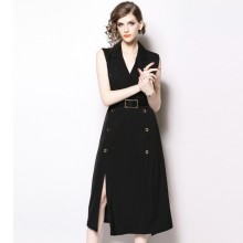 Office Lady Elegant Women Black Long Casual V Neck Office Dresses Sleeveless Career Dress