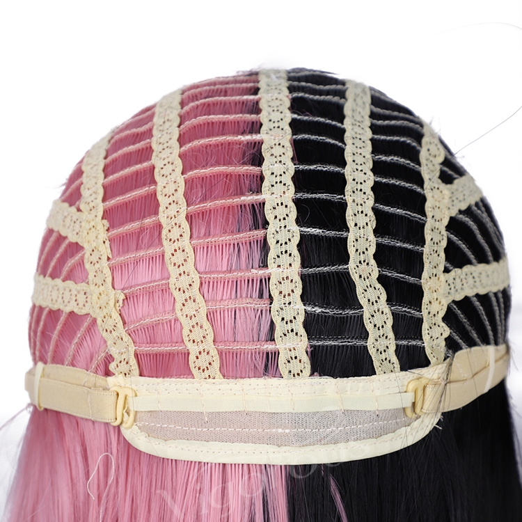 Black And Pink Girl's Colorful Hair Short Straight Wave Wigs With Bangs For Women Synthetic None Lace Bob Wig Shoulder Length