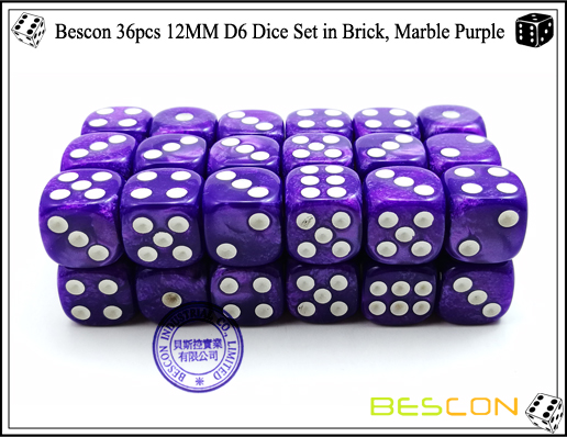 Bescon 36pcs 12MM dados D6 en ladrillo, mármol púrpura-3 Bescon 36pcs 12MM D6 Dice Set in Brick, Marble Purple-3