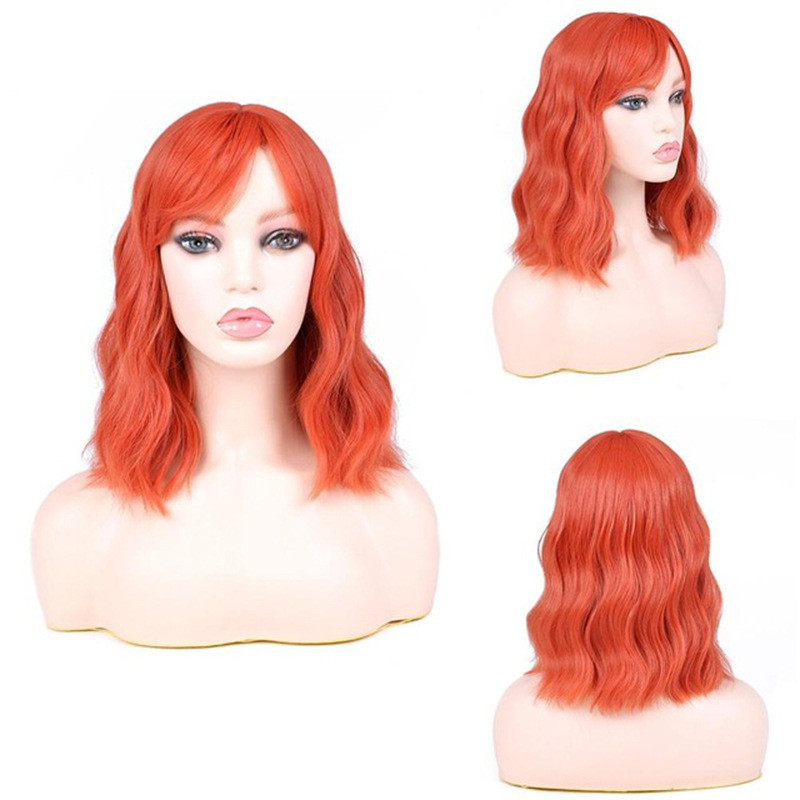 Wavy Bob Wig with Bangs Fringe Short Shoulder Length for Women Synthetic Fiber Hair with Skin Scalp Cosplay