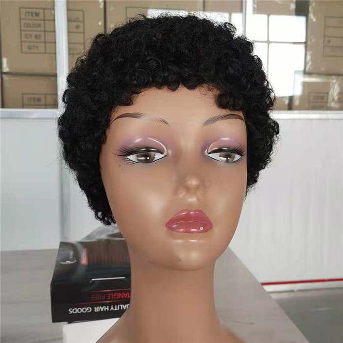 Short Pixie Cut Kinky Afro Curly In Stock  Machine Made None Lace Real Human Hair Wigs