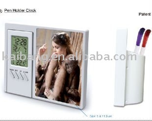 Penholder LCD colck with photo frame