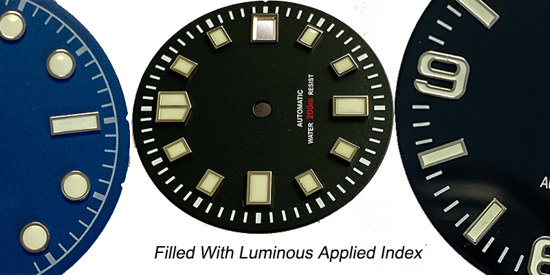 applied indexes watch dial with luminous