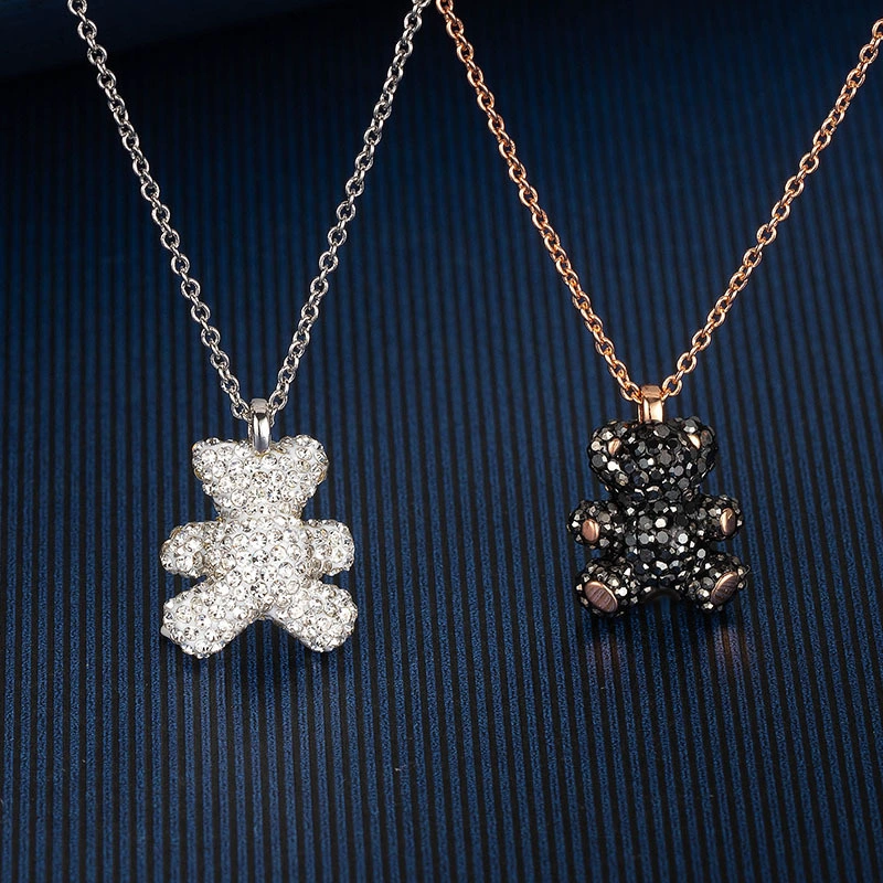 European American Fashion Jewellery Jewelry Black Red Pink White 3D Diamond Bear Pendant Clavicle Chain Thin Chain Necklace for Women