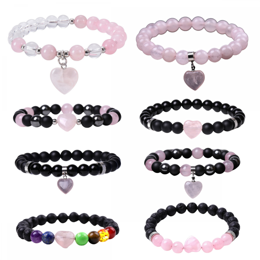 8pc A Set Gemstone Round Perles avec Bracelet de cœur Charka Guérison Crystal perles Stretch Bracelet pour femmes hommes