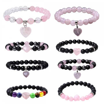8Pc a Set Gemstone Round Beads With Charm Heart Bracelet 7 Charka Healing Crystal Beads Stretch Bracelet for Women Men