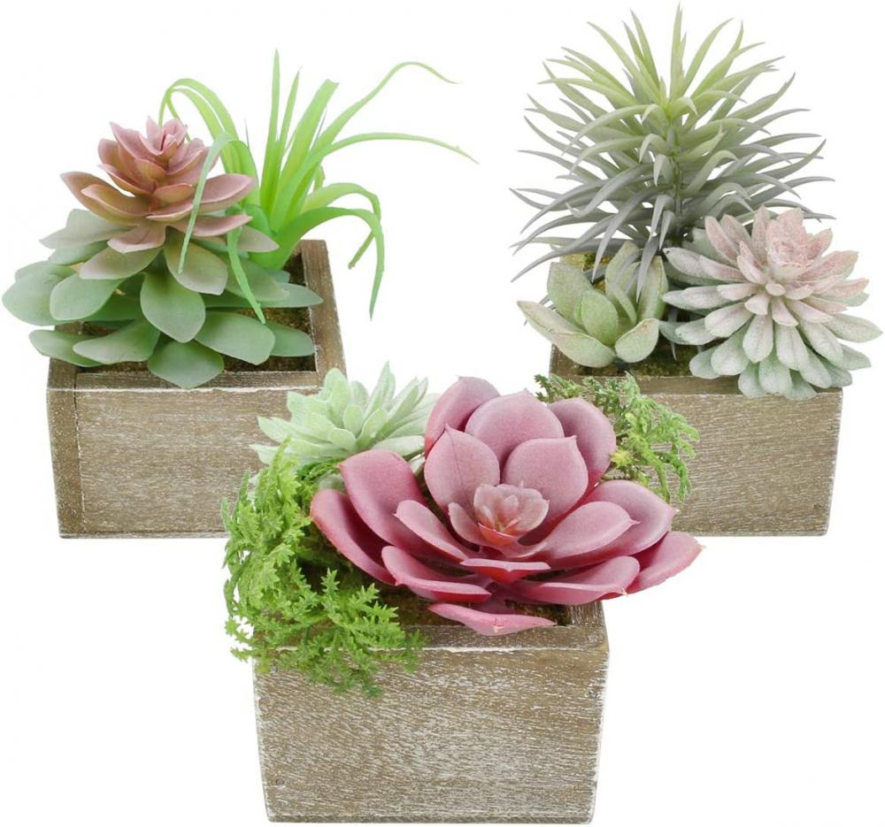 mini สารพันสีเขียว faux succulents ในหม้อ