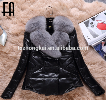 Factory wholesale winter lamb leather jacket with fox fur collar