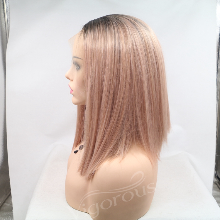 Bob blonde straight ombre wholesale high quality heat resistant cheap synthetic short wig with lace front