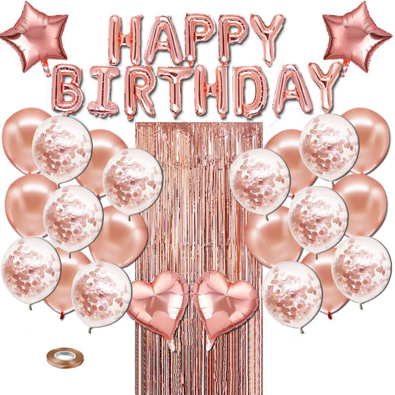 28pcs Rose Gold Birthday Balloon Rain Curtain Latex Balloon Set