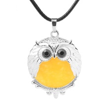 Yellow Jade 24mm Beads Silver Owl Pendant Necklace 45cm Black Cord