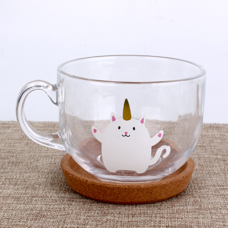 Wholesale 450ml unicorn clear glass round cup for tea coffee milk shaker mugs with handle