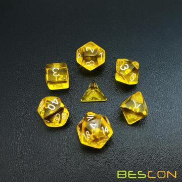 Juego de dados de RPG poliédrico traslúcido Mini Bescon 10MM, Juego de dados de juego pequeño RPG Juego de dados D4-D20 en tubo, amarillo transparente