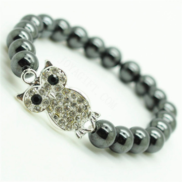 Hematite 8MM Round Beads Stretch Gemstone Bracelet with Diamante alloy Owl Piece