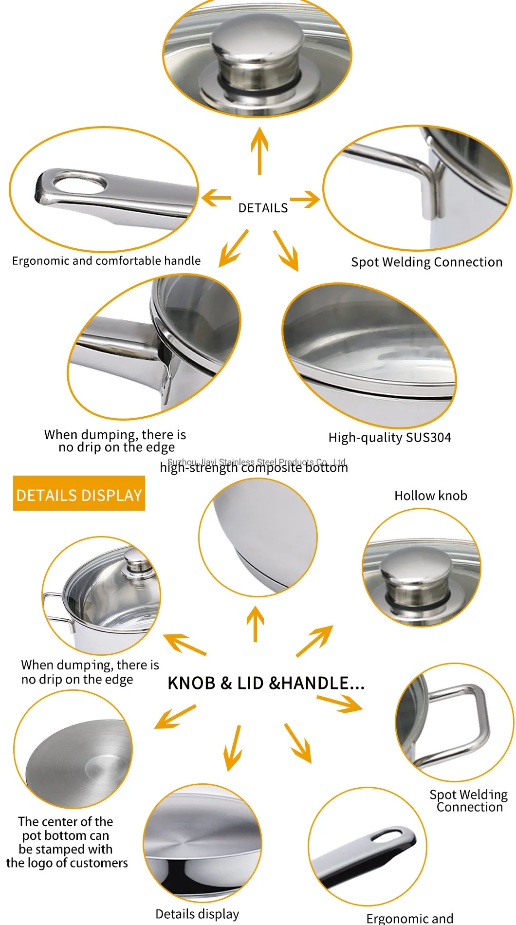 Peralatan Masak Klasik Panci Masak Grosir Stainless Steel18 / 10 Panci Sup Antilengket dengan Penutup Datar