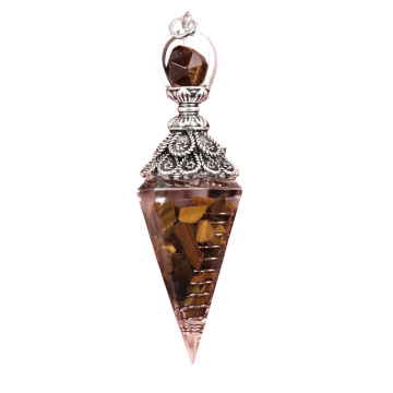 Yellow Tiger Eye Stone Chip Stone Resin Antique Silver Hexagonal Cone Pendant & Pendulum