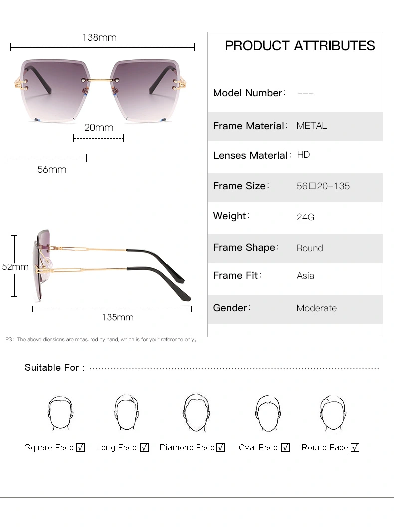 Square Shape Oversize Frameless Metal Sunglasses