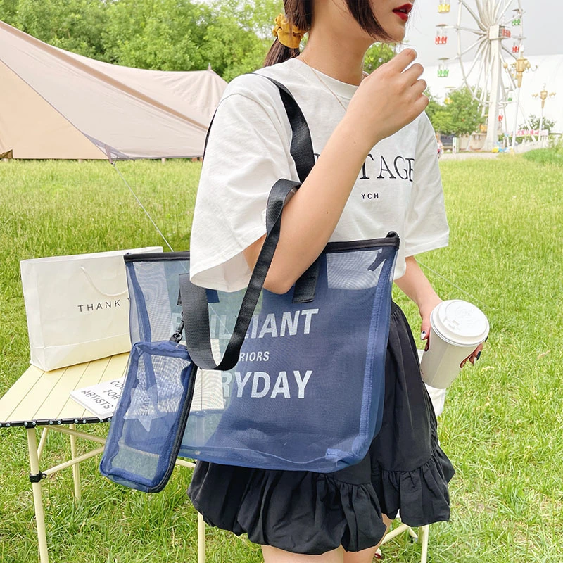 New Style Mesh Shoulder Bag Large-Capacity Mother and Child Bag Printed Letters Beach Bag Female Bag