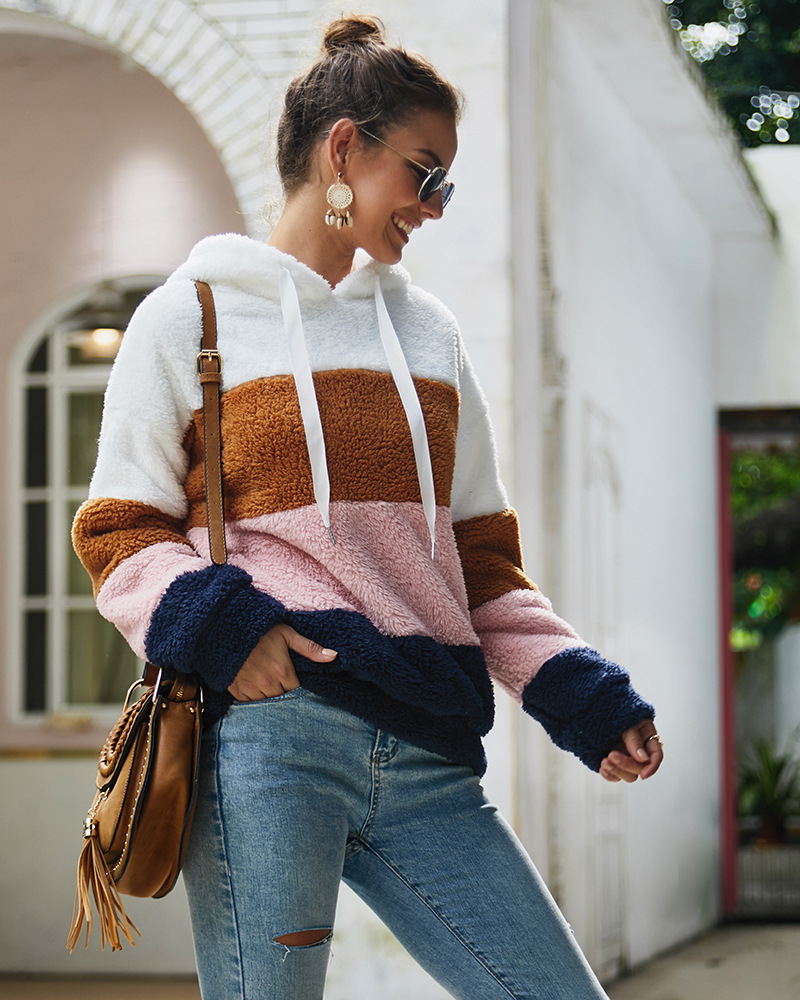 Original design autumn/winter 2019 Patchwork wool hoodie tops casual plus size loose women sweater