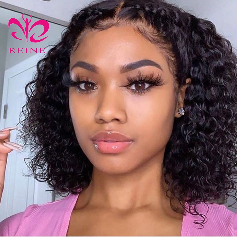 REINE Bleached Knots  Scalp Kinky Curly Bob Virgin Cuticle Aligned Hair 13*4/4*4 Lace Frontal Wigs With Baby Hair