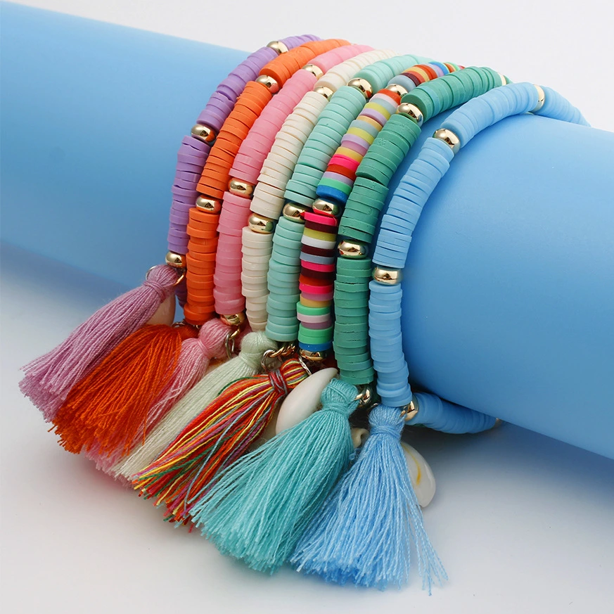 2021 Hot Selling Bohemian Rainbow Colorful Conch Tassel Bracelet for Vacation